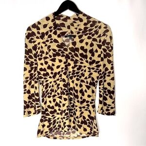 BCBGMaxAzria Women's Cream Brown Leaf Pattern Long Sleeve Blouse Size XS